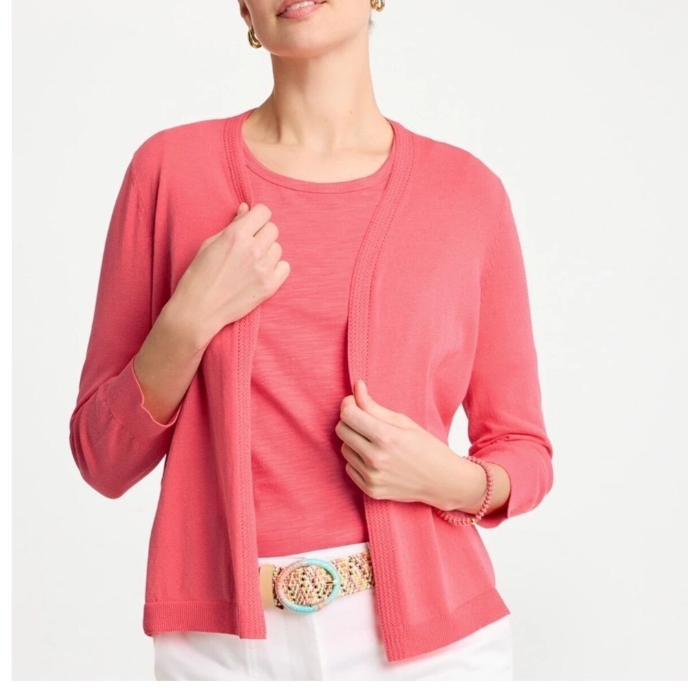 J. Jill Coral Pink Linen Blend Open Front Cardigan Sweater 3/4 Sleeve Size M